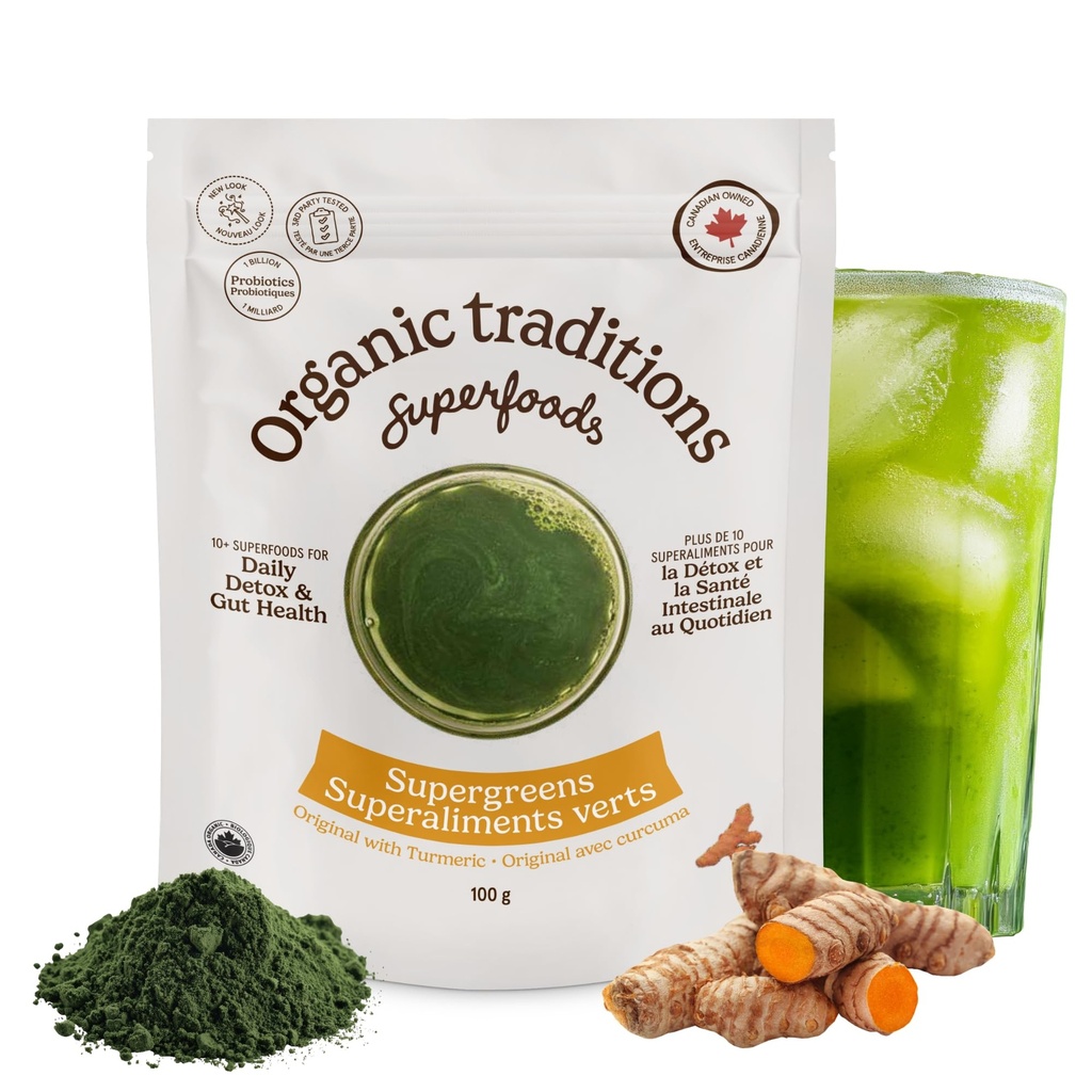 Traditions biologiques Super Greens Poudre Superfood avec Turmeric, Bio Greens Poudre Superfood, 100g/3.5oz Sac