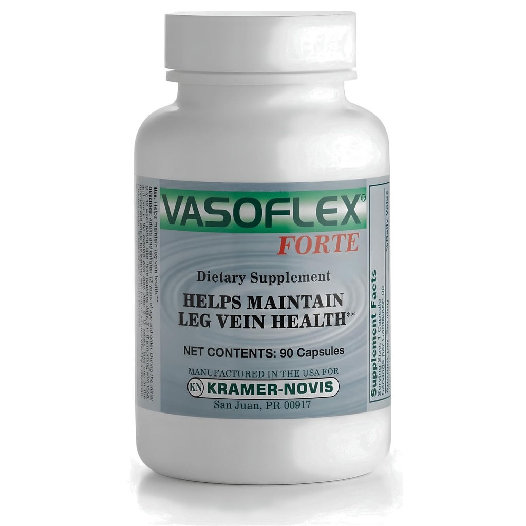 Suppléments santé pour jambes Vasoflex-Forte®. Mélange de vitamine C, d'extrait de racine à balai du boucher et d'héspéridine. Vitamine C et supplément d'extrait de racine d'herbe aide à maintenir la santé des jambes. 90 gélules