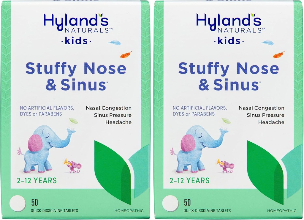 Hyland's Naturals Kids Stuffy Nez et Sinus Comprimés, Cold and Allergy Medicine for Children Ages 2 and up, Secours aux maux de tête et désinfectants nasaux, Comprimés à dissolution rapide, 50 comtes (paquet de 2)
