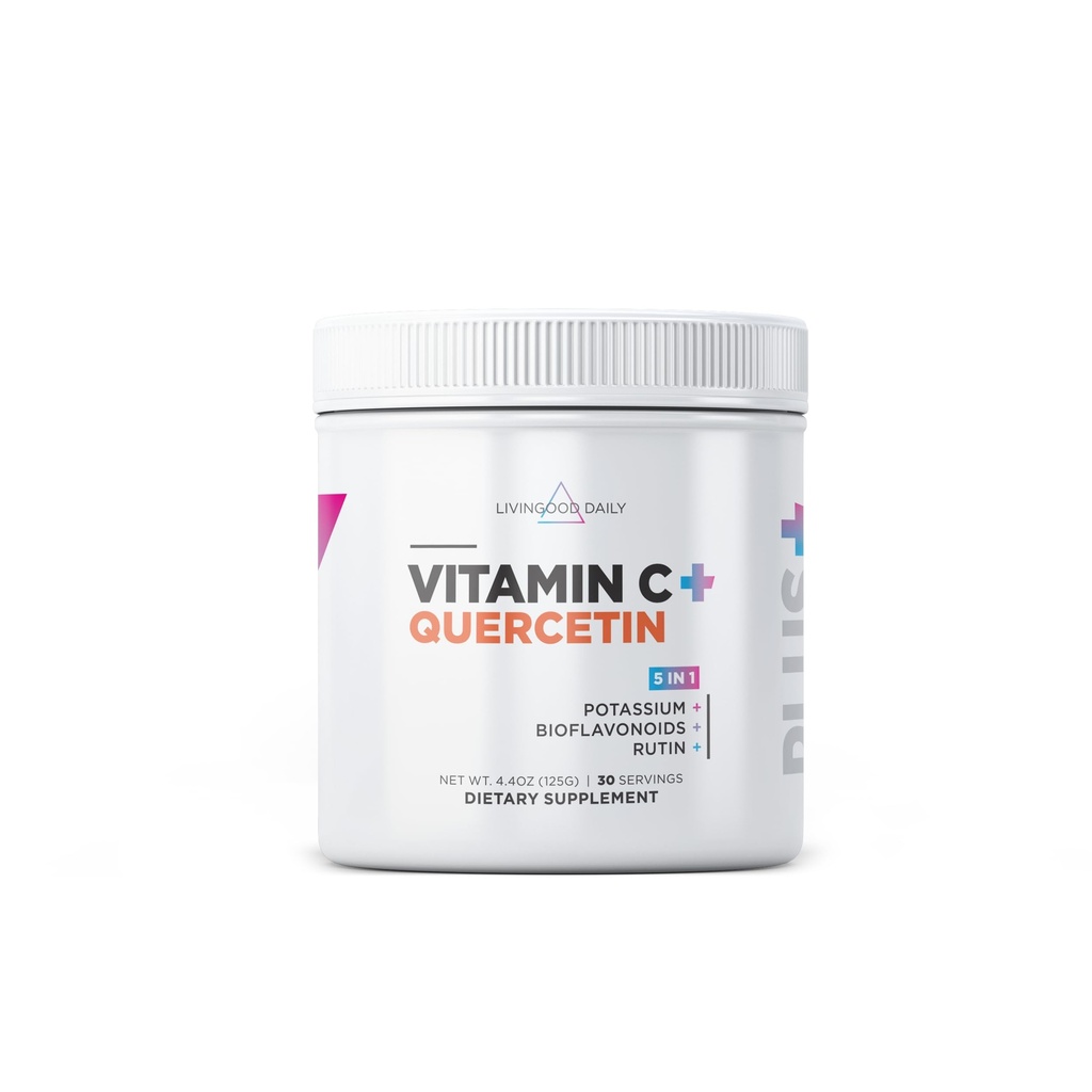 Supplément quotidien de poudre de vitamine C à dose élevée Livingood, 2 600 MG Acide ascorbique La poudre soutient l'immunité et la santé de la peau, vitamine C en poudre avec Quercetine, sucré avec Stevia, Vegan, 30 portions