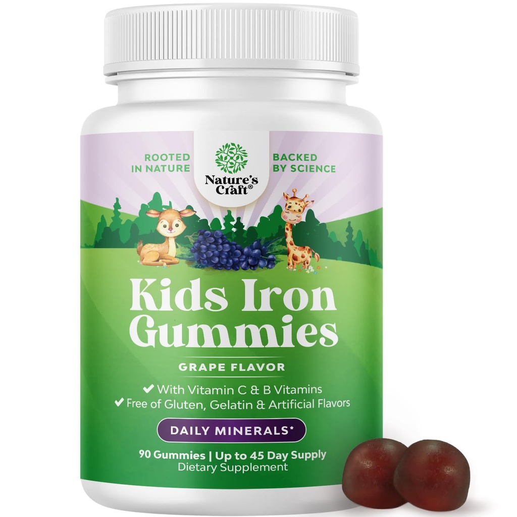 Gummies de fer pour enfants - Suppléments de fer pour les enfants avec douceur pour une immunité et une énergie plus fortes - Vitamine B12, Folate et vitamine C Gummies - OGM végétalien et sans gluten pour les tout-petits - 90 Compte