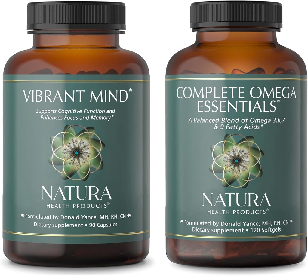 Natura Health Products Vibrant Mind and Complete Omega Essentials Supplement Bundle - Nootropic Brain Supplement for Memory and Focus - Balanced Blend of Omega 3, 6, 7, & 9 Vetzuren