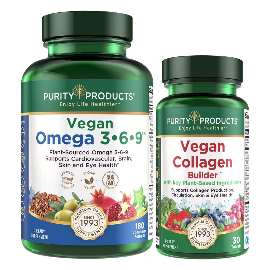 Purity Products Bundle - Vegan Omega 3-6-9 (180 ct)+ Vegan Collagen Builder Omega 3-6-9 (