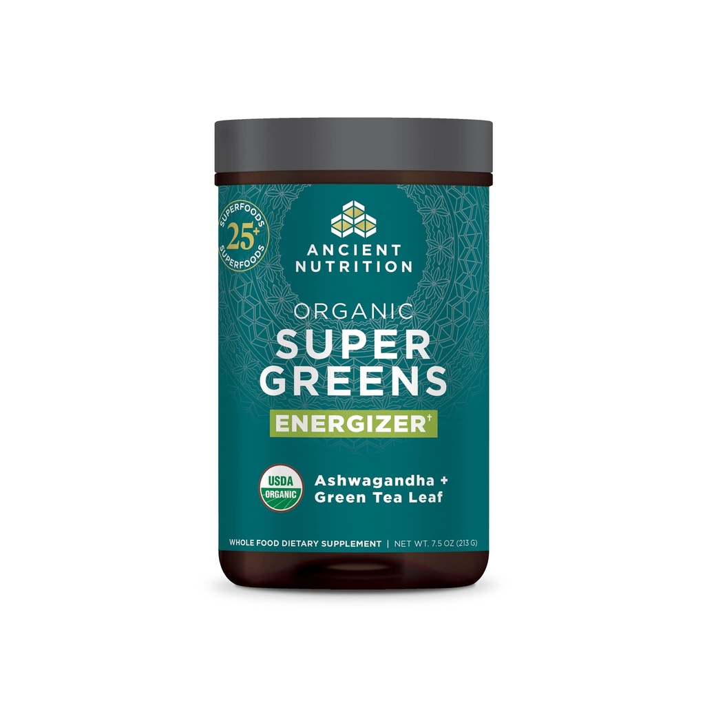 Alimentation ancienne SuperGreens Bio Poudre d'Energizer avec Probiotiques et B12, Fabriqué à partir de Fruits, Légumes et Herbes Réels, pour Digestion, Détoxification et Soutien énergétique, 25 Servants