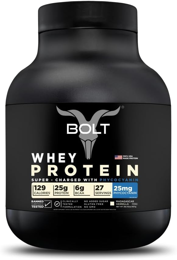 Bolt Whey Protéine Poudre avec Superfood Phycocyanine.Muscle Building & Recovery with Bone Health. 25g Protéines, 6g BCAA Par Serving.