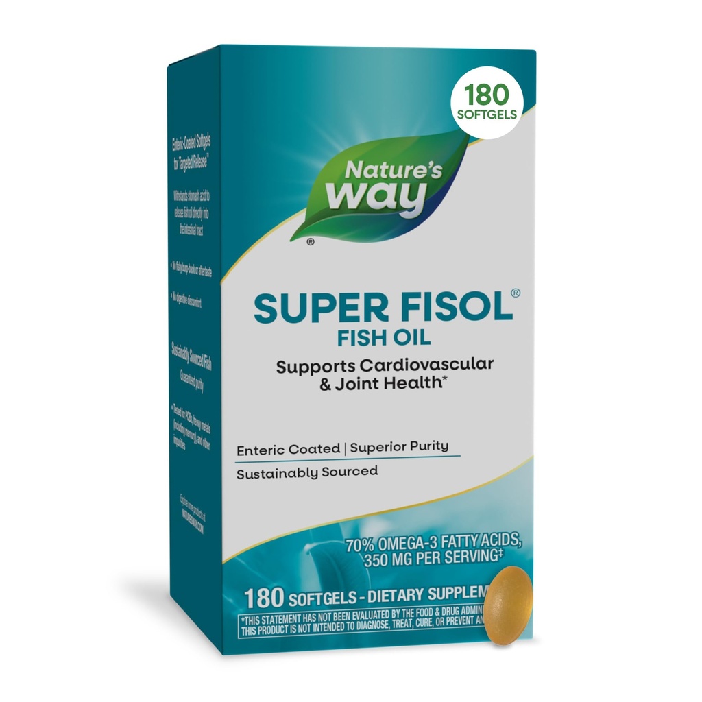 Nature's Way Super Fisol Visolie, Enteric Coated, Ondersteunt Cardiovasculaire en Joint Health*, Mega Potency Omega-3s, 180 Softgels (Verpakking mei Vary)