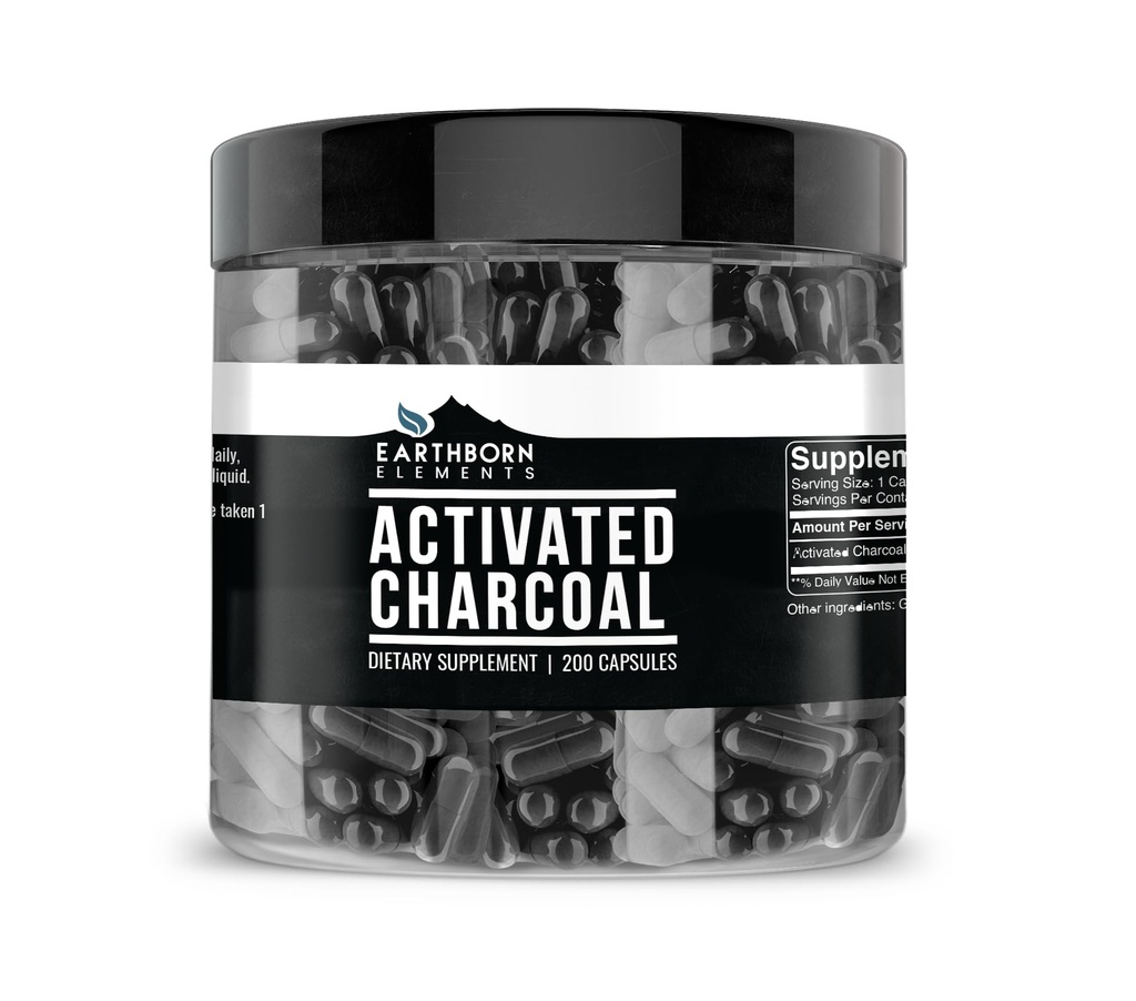Éléments terriens Capsules de charbon activés, 200 Capsules, sans odeur et poudre non toxique