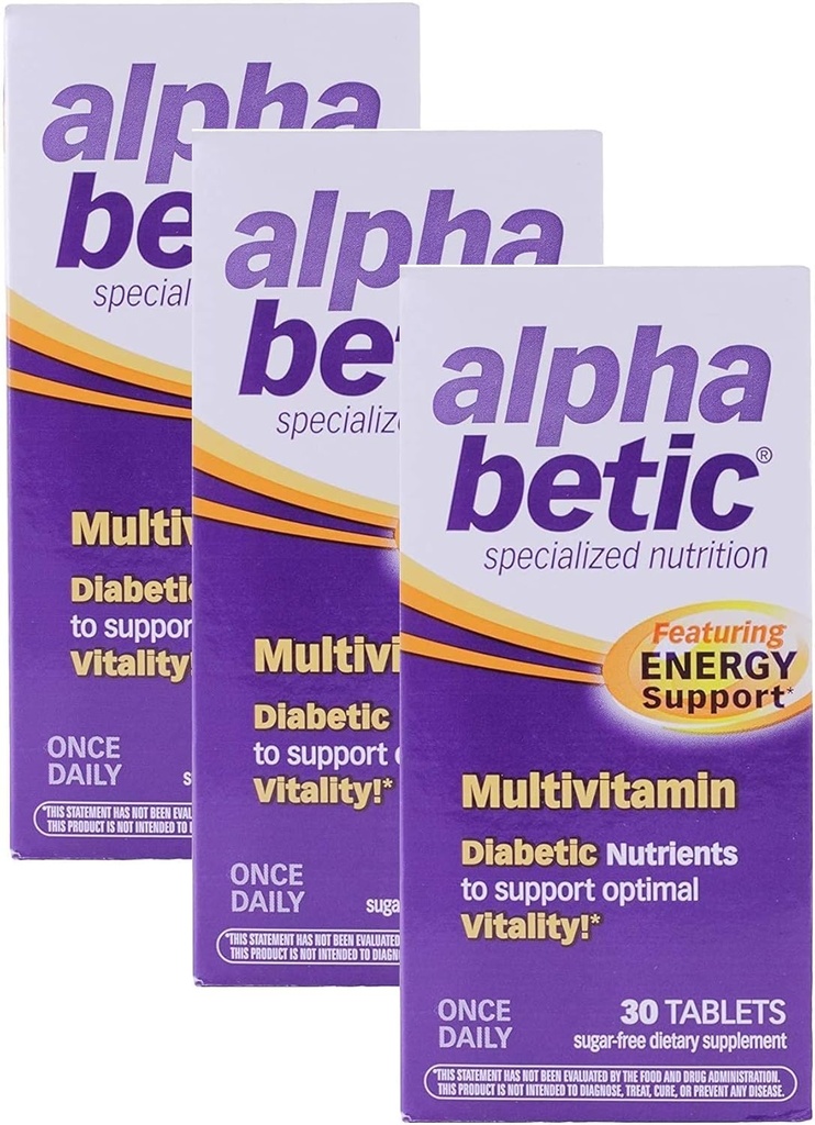 Alpha Betic Eenmaal daags Multivitamine voor Diabetica, Glutenvrij, Suikervrij, Uitgebreide Energie Dieetsupplement, 30 Tablets (3 Pack)3