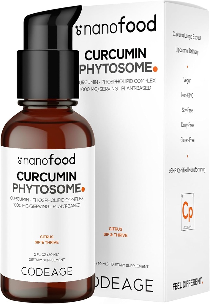 Codeage Liposomal Curcumin Phytosome Liquid Supplement, Turmeric Curcumin Vegan Liquid Drops, Plant-Based Curcuma Longa Dropper, Curcumina, Sunflower Phospholipid, Sugar-Free, Citrus Flavor, 2 fl oz