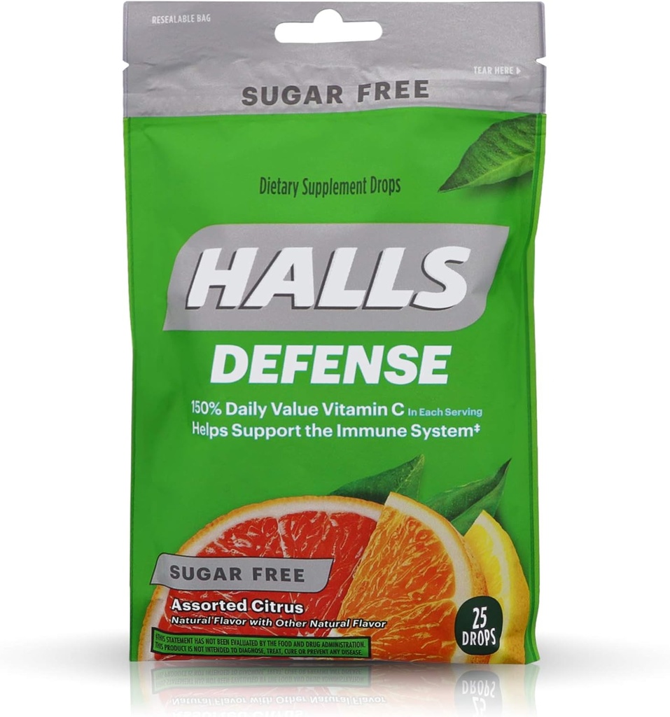 Halls Defense Vitamine C Drops Suikervrij Geassorteerde Citrus - 25 ct, Verpakking van 4