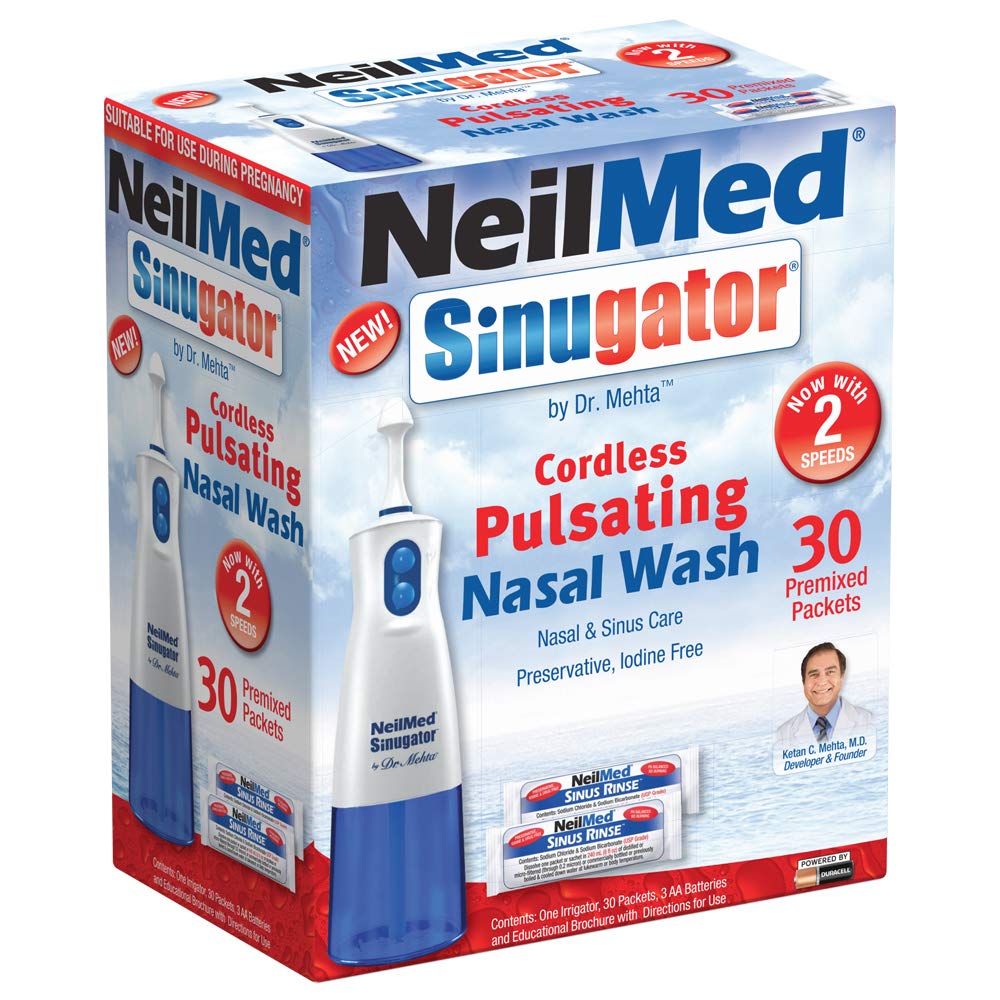 Kit de lavage nasal sans fil NeilMed Sinugator avec un irritateur, 30 paquets prémélangés et 3 piles AA (paquet de 1)