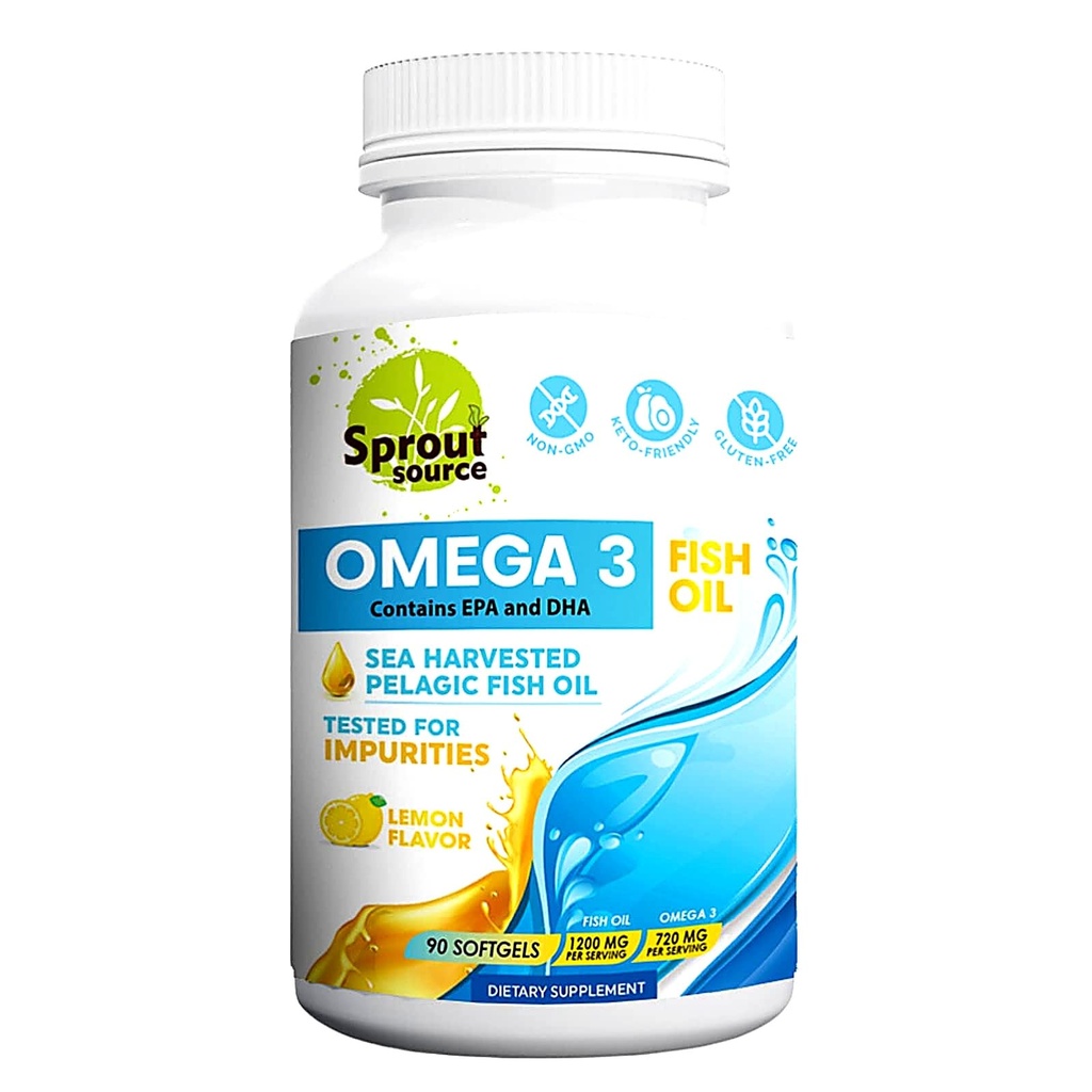 Huile pélagique oméga-3 pour la santé cardiaque, les yeux et le soutien articulaire - 1200mg, 90 jours d'approvisionnement - Acides gras de l'EPA de haute puissance DHA - Huile de poisson anchois aux arômes de citron - 90 Softgels