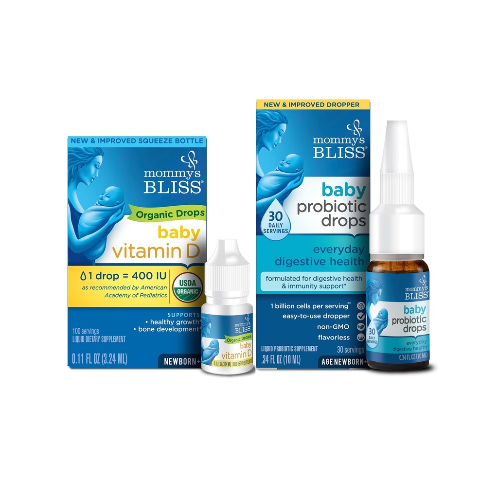 Mom's Bliss Bio bébé vitamine D gouttes 100 portions (paquet de 1) avec bébé gouttes probiotiques tous les jours 30 portions (paquet de 1)