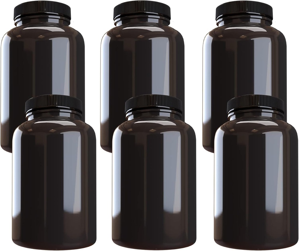 Bedrijf Plastic Pill Bottle (6 Pack) Donkere Amber Container met zwarte deksel, 500cc Capaciteit