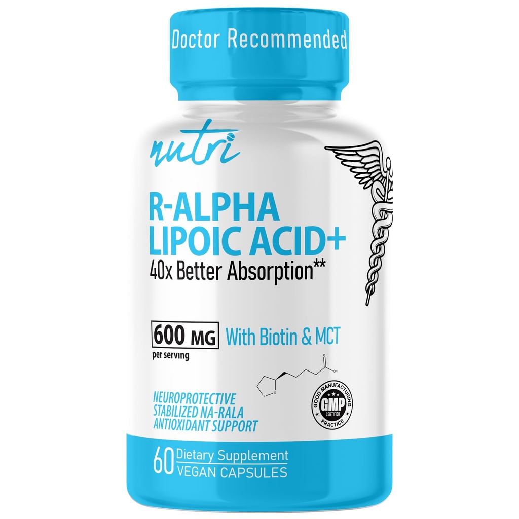 Acide alpha lipoïque Nutri R 600mg Capsules - Acide lipoïque R stabilisé avec Biotine - Forme active de R-ALA - 600 mg Posologie clinique - Powerful Cellular Energy Support - 60 Capsules Vegan - RALA