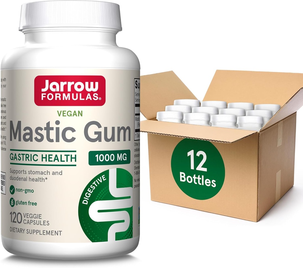Jarrow Formulas Mastic Gum 1000 mg, Dieetsupplement voor gastro-intestinale gezondheidsondersteuning, 120 Veggie Capsules, 60 Day Supply, Verpakking van 12