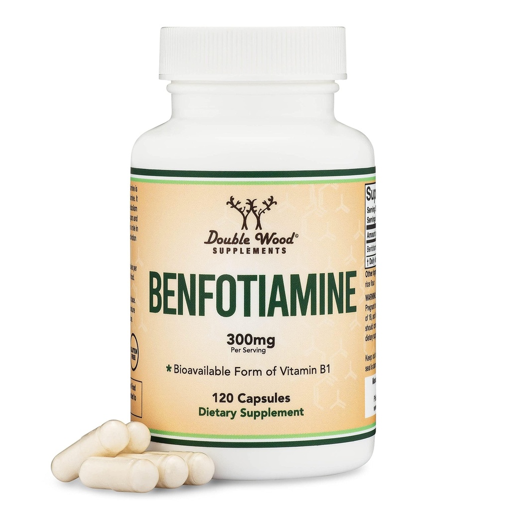 Benfotiamine 300mg porties (Third Party Tested, 120 Capsules, 150mg Per Cap) Non-GMO, to Boost Thiamine B1 Levels (More Absorbable Than Thiamine, Fat Soluble) by Double Wood