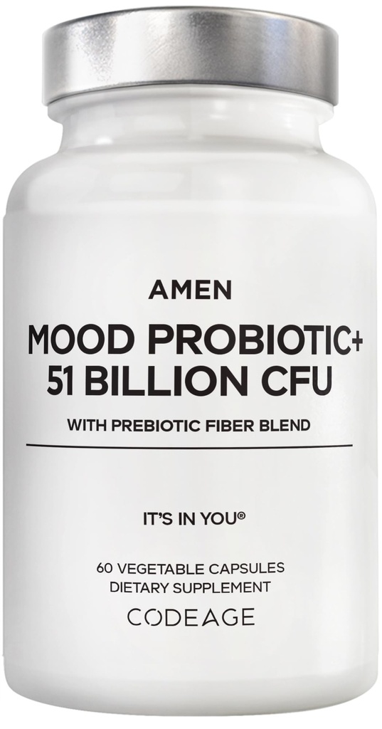 Amen Mood Probiotic Supplement 51 Miljard CFU - Biologische Prebiotica en Probiotica - Acidophilus Probiotische Pillen, Vezels - Mood Biologische Ashwagandha, Blauwe bessen - Vegan & Non-GMO - 60 Capsules