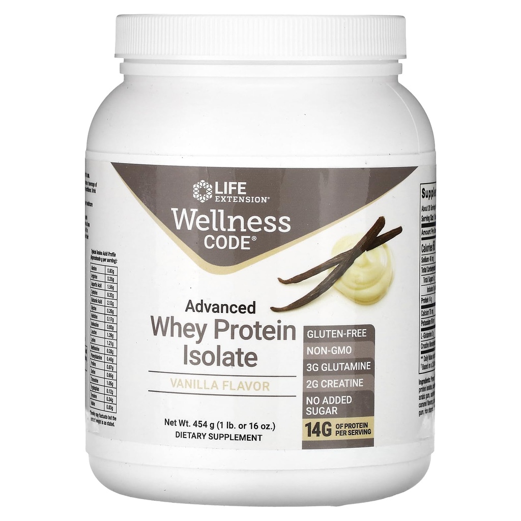Life Extension Wellness Code® Advanced Whey Protein Isolate (Vanilla), creatine, glutamine, Mix for Muscle Growth & Immune Health, no Sugar Added, Gluten Free, Non-GMO, 454 Grams, 20 Servings
