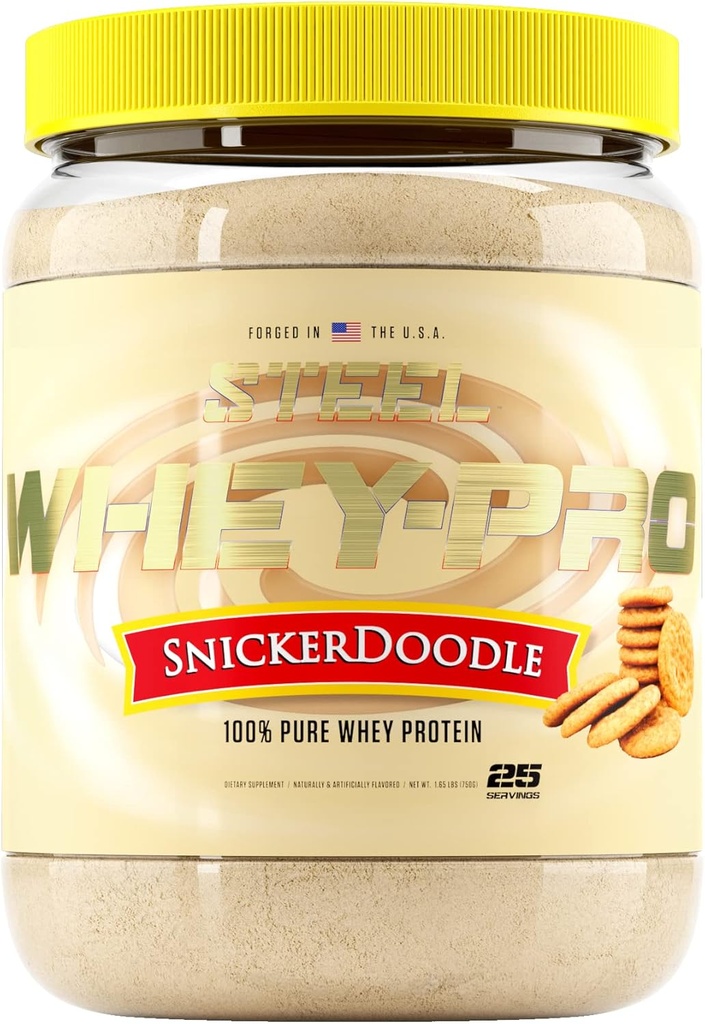 Suppléments d'acier Whey-Pro... 100% Pure Whey Protéine Poudre pour hommes et femmes...Snickerdoodle...Muscle Gain & Lean Recovery Muscles... sans gluten 1.65 lbs... BCAA 5g...