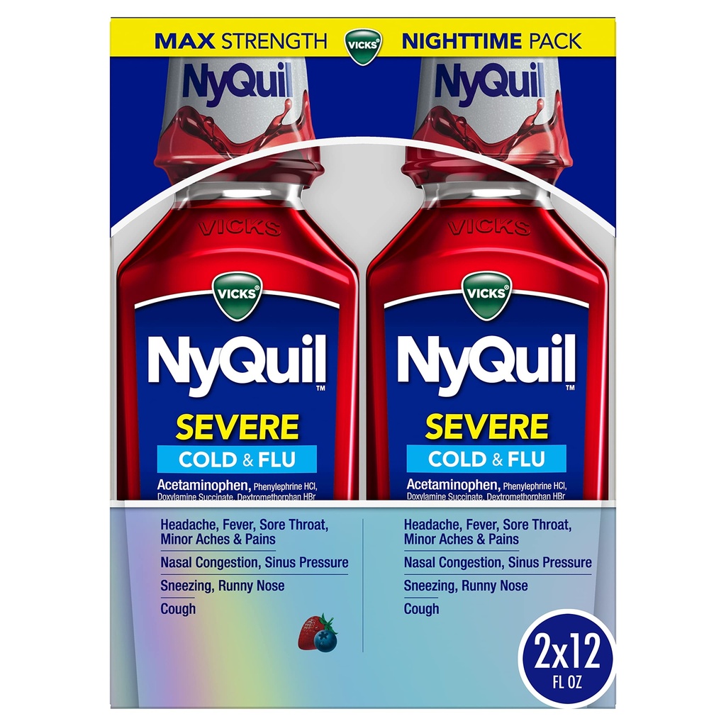 Vicks NyQuil SEVERE Koud, Griep, en Congestie Geneeskunde, 2x12 fl oz Twin Pack, Berry smaak, Maximale sterkte, Nachtelijke verlichting