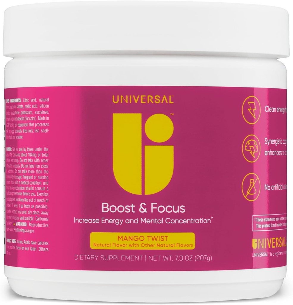 Universal U Boost & Focus Powder, Verhoog energie en cognitieve prestaties, pre-workout, aangepaste dosering, VIT B12, Niacin, Choline, L-tyrosine, Geen kunstmatige smaken, 30 porties (Mango Twist)
