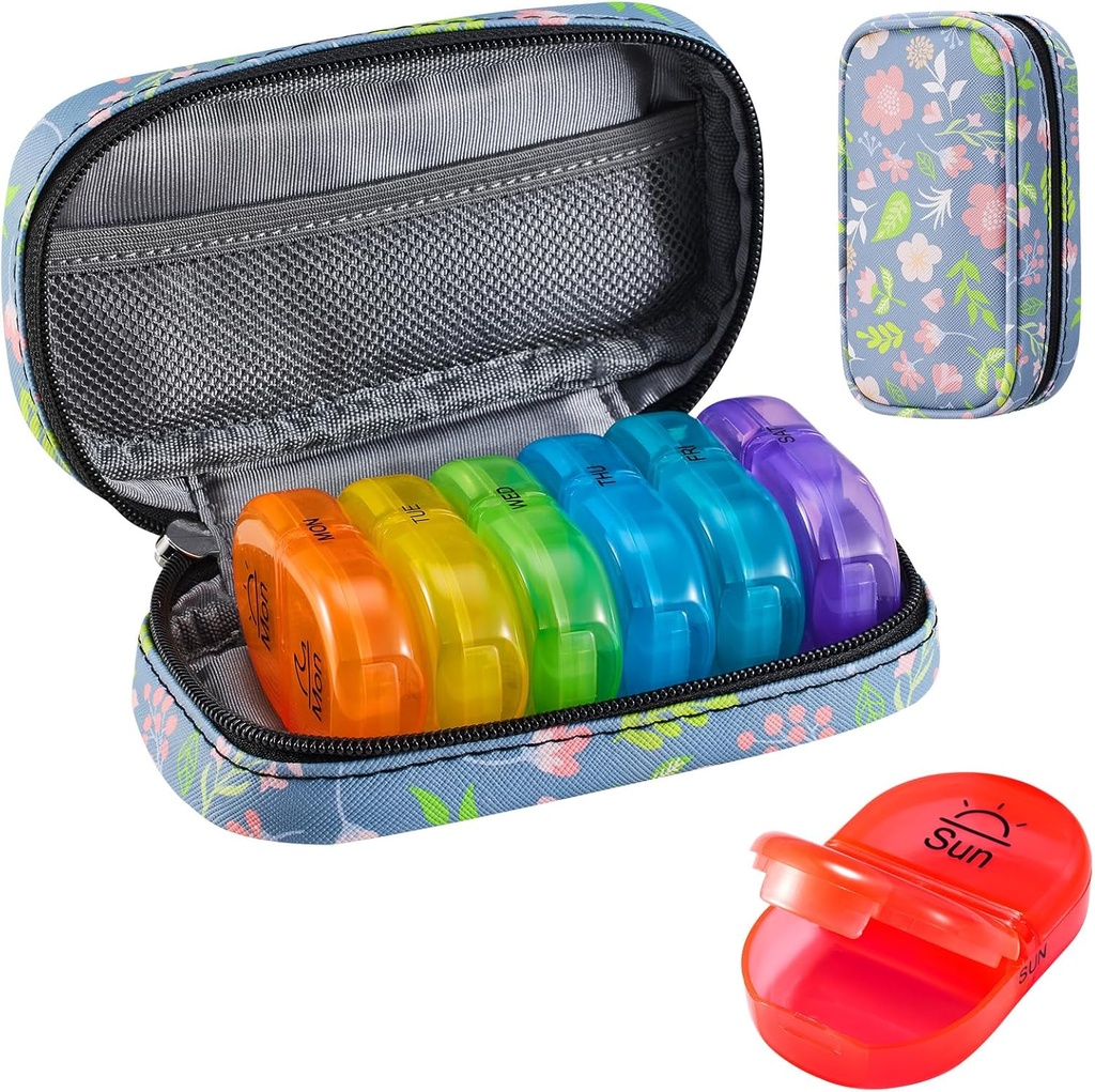 Serfeymi Weekly Travel Pill Organizer 2 keer Een dag AM PM Geupgraded Regenboog Pill Box 7 dag met Portable Zipper PU lederen pil Case, Medicine Organizer voor pillen, Vitaminen, Visolie - Floral 02