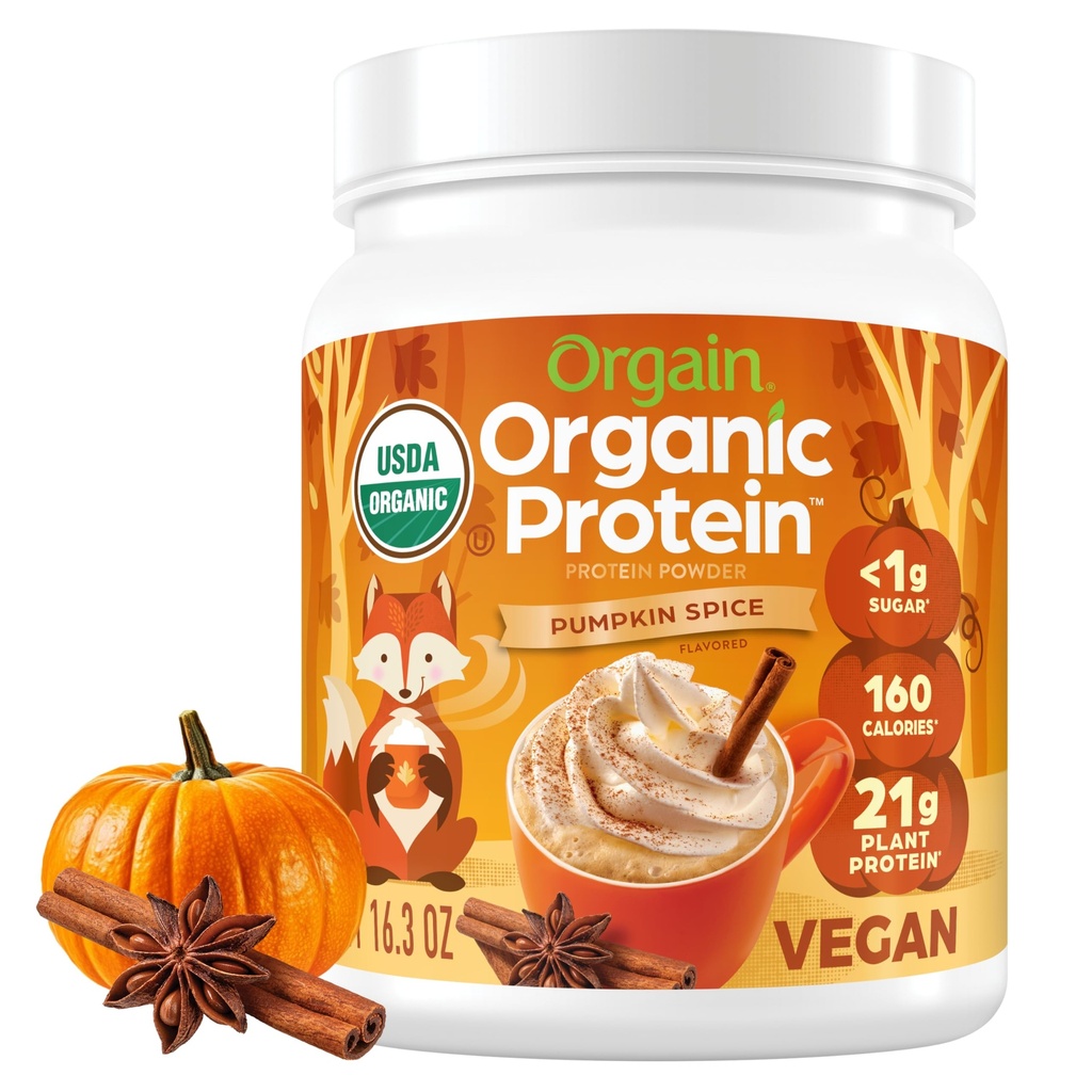 Orgaine en poudre de protéines végétales organiques, épicée de citrouille saveur saisonnière - 21g de protéines végétales, 5g fibre prébiotique, pas d'ingrédients de lactose, pas de sucre ajouté, non-OGM, pour Shakes & Smoothies, 1,02 lb