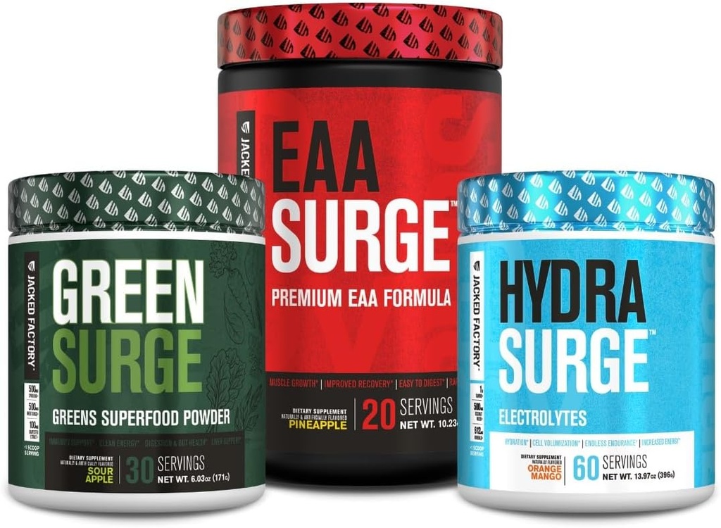 Ge Jacked Factory Green Surge Green Superfood Powder, Hydrasurge Electrolyte Hydration Supplement, EAA Surge EAA Supplement