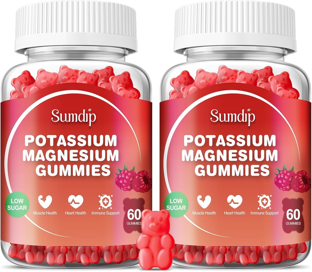 Magnesium Kalium Gummies, Spier en Hart Gezondheid, Been Krampen en Slaap, Kalium Supplementen Vegan Gummy Non-GMO Gluten Gratis 60 Gummies-2 Pack, Framboos