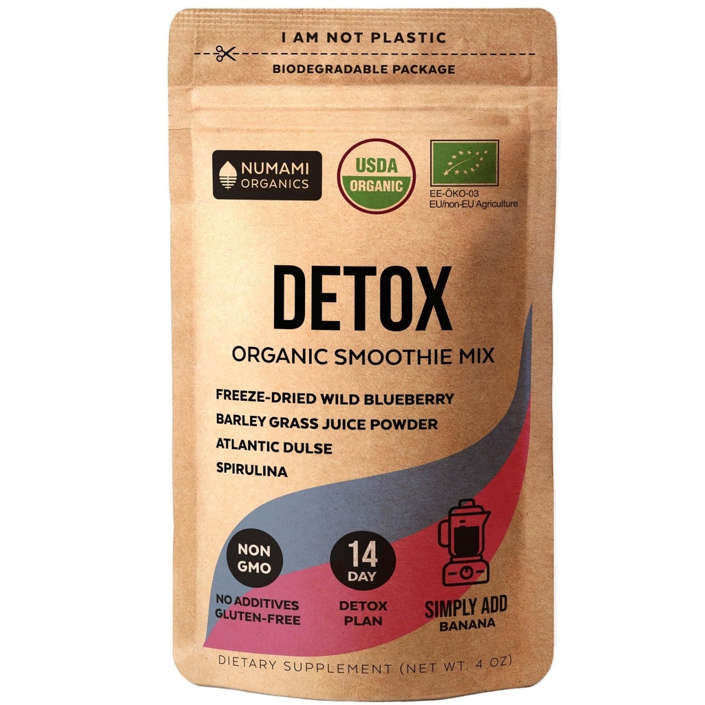 Numami Biologische Detox Blueberry Smoothie Powder met gezonde Spirulina, Atlantic Dulse en Barley Grass Juice Powder, Premium Quality superfood uit Europa