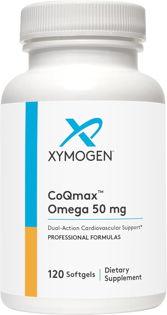 XYMOGEN CoQmax Omega 50 mg - CoQ10 + Fish Oil Omega 3 Supplement - Dual-Action Hartgezondheidsondersteuning - Co-enzym q10 + Gespecialiseerde visolie voor 3X Grotere absorptie van EPA DHA (120 Softgels)