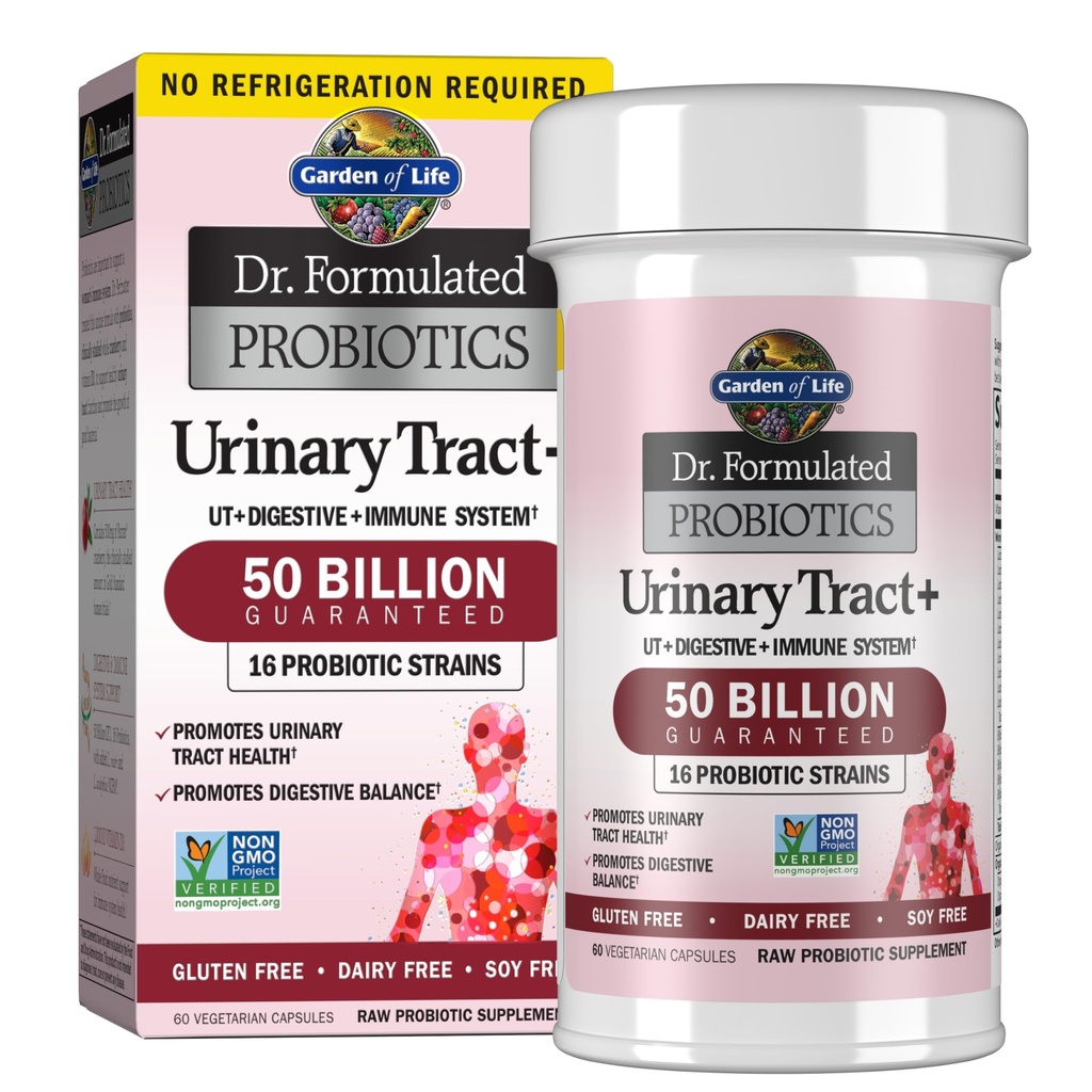 Garden of Life Dr. Formulated Probiotics Urinaire Tract+ - Acidophilus Probiotic Ondersteunt Urinaire Tract Gezondheid, Digestief Balancering Stabiel - Gluten, Zuivel en Sojavrije - 60 Vegetarische Capsules