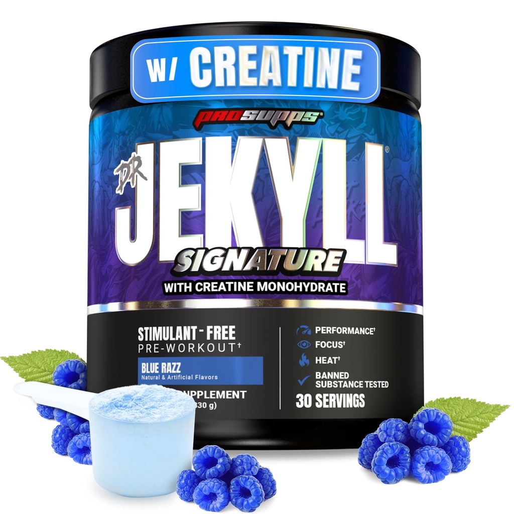 PROSUPPS Dr. Jekyll Signature Pre Workout Powder with Creatine - Stim-Free Preworkout Supports Focus & Endurance - Suppléments pour gymnastique et fitness sans caféine (Lémonade bleue, 30 portions)
