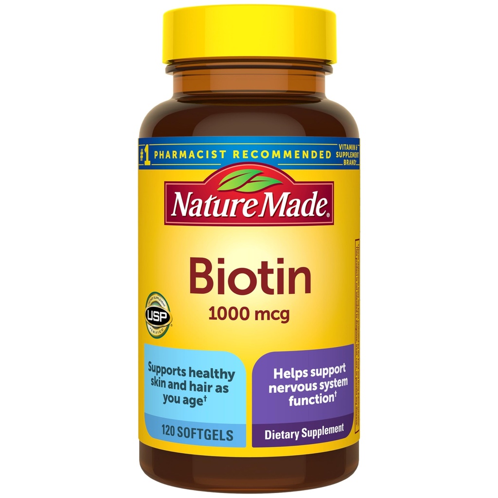 Nature Made Biotin 1000 mcg Softgels, Biotin Vitamines Dieetsupplement, Ondersteunt gezonde haren en huid, 120 Softgels, 120 dagen Supply