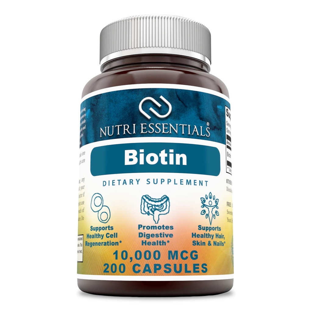 Biotine 10 000 Mcg 200 Capsules (non-OGM)- Soutient la santé des cheveux, de la peau et des ongles - favorise le rajeunissement cellulaire et la production d'énergie*