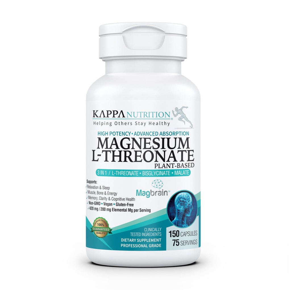 Kappa Nutrition Powered by MagbrainTM Magnesium L-Threonate Plant-Based, 420mg Elemental Magnesium (3 Capsules) van 2.253mg, 150 Vegan Capsules, Hersenen, Slaap & Spierondersteuning.