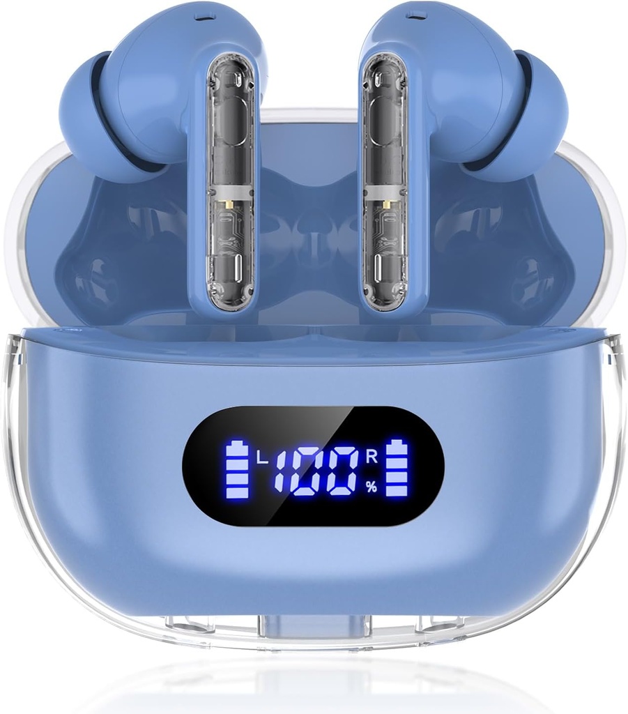 Blue draadloze oordopjes P1 PRO, oortelefoons Draadloze Bluetooth hoofdtelefoon met duidelijke oproep Mics oordopjes, comfortabele pasvorm, IPX7 waterdichte lange batterij levensduur, 30H Playtime voor sporttraining