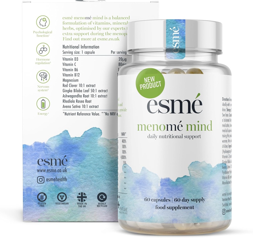 esmé menomé Mind - Dagelijkse voedingsondersteuning voor, tijdens en na de menopauze Twee maanden voorraad van 60 capsules, Bevat ashwagandha en Gingko biloba