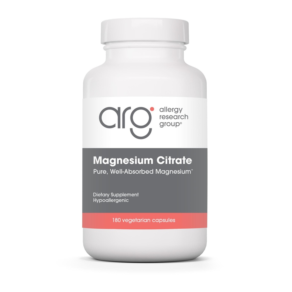 Allergy Research Group Magnesium Citrate Supplement - Pure Magnesium Citrate Capsules for Calm, Sleep, Constipatie, and Digestie for Women and Men, 170 mg Per Pill - 180 Vegetarian Capsules