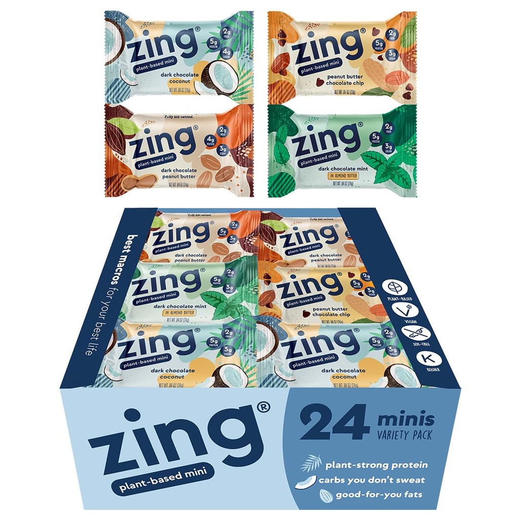 Zing Kids Protein Bars Variety Pack, Glutenvrij 100 Calorie Mini Bars met hoog eiwit, Vegan Nutrition Bars, Zuivelvrij Planteneiwit - 24 telling