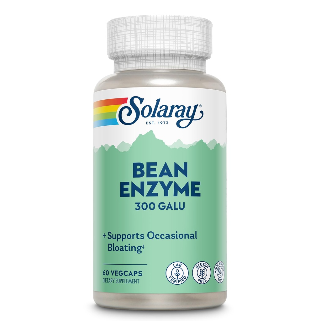 SOLARAY Bean Enzyme 300 GalU - Alpha Galactosidase Decompensative Enzymes for Women and Men - Digestief Health Supplement - Ondersteunt Occasional Bloating and Gas Relief for Adults - 60 Servings, 60 VegCaps