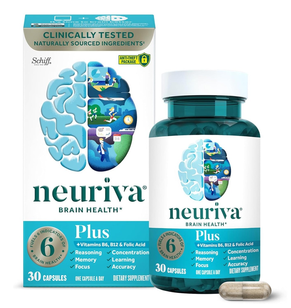 NEURIVA Plus Supplément Cerveau pour la mémoire, la concentration et la concentration + Fonction cognitive avec Nootropique cliniquement testée Phosphatidylsérine et neurofacteur, Vitamines B6 & B12, 30 Capsules de comptage
