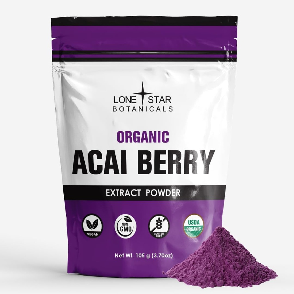 Lone Star Botanicals Biologische Açai Berry Superfood Poeder, 3.52oz (100 Gram), Antioxidanten, Vitaminen, Mineralen, Gezonde Voeding, Voeg toe aan Smoothie, Soep, Salade