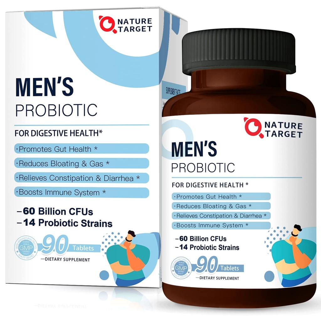 NATURE TARGET Probiotica voor mannen met een verzorgingssupplement, prebiotica en probiotica voor de spijsverterings- en immuungezondheid van mannen,60 miljard CFU & 14 strains Plank stabiel, glutenvrij en sojavrij (90 tabletten)