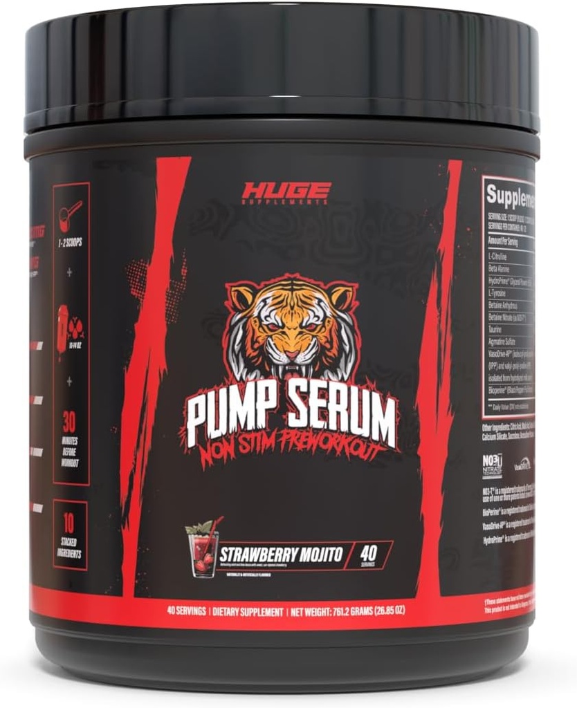 Enorme supplementen Pump Serum, Stim Free Pre Workout en Nitric Oxide Booster om Focus, Pumps, Fulness met Geen Cafeïne, L-Citrulline, GlycerPump, L-Tyrosine, Nitrosigine (Strawberry Mojito) te verbeteren