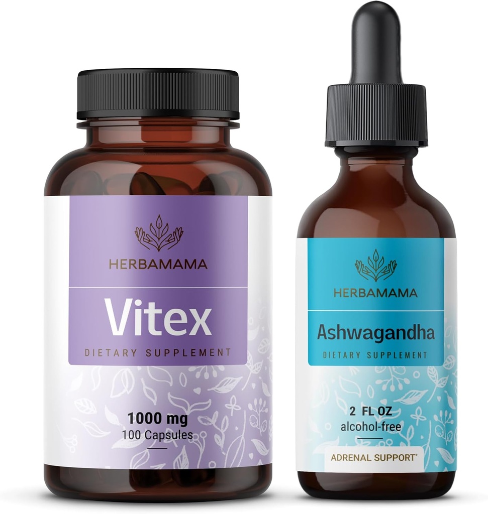 HERBAMAMA Vitex en Ashwagandha Kit - bundel van 1000 mg Vitex Chasteberry Capsules & Ashwagandha Liquid Drops 2 fl oz - Vegan, Non-GMO, Sugar & Alcohol-Free - 2 Pack