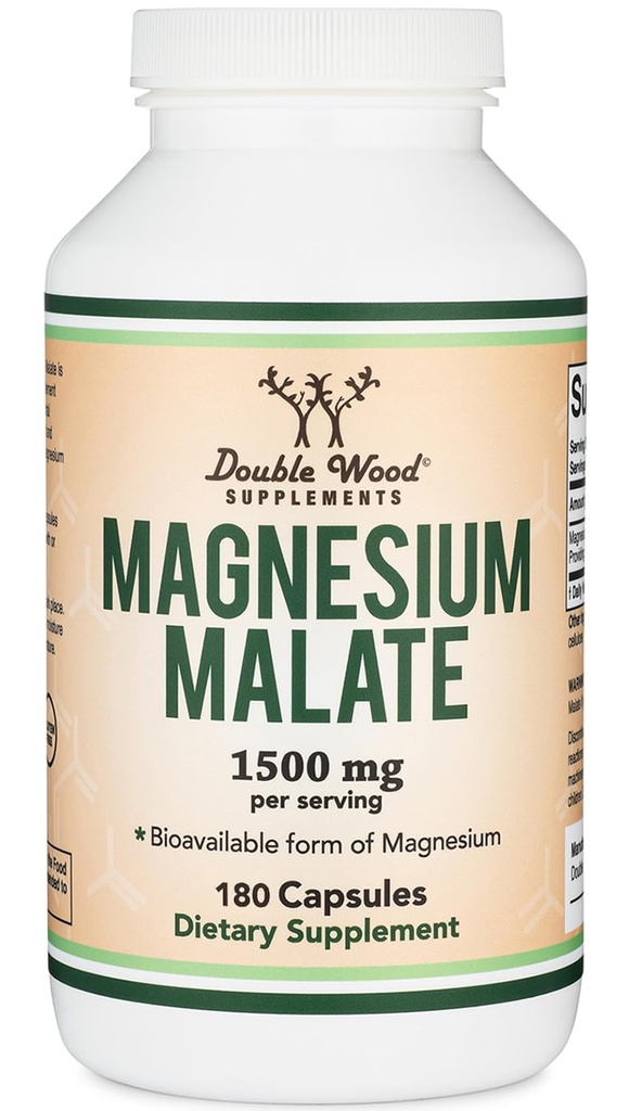 Magnesium Malate Capsules (180 aantal) - 1.500 mg per portie (Magnesium gebonden aan Malic Acid), derde partij getest, Veganistisch vriendelijk, Glutenvrij door dubbel hout supplementen