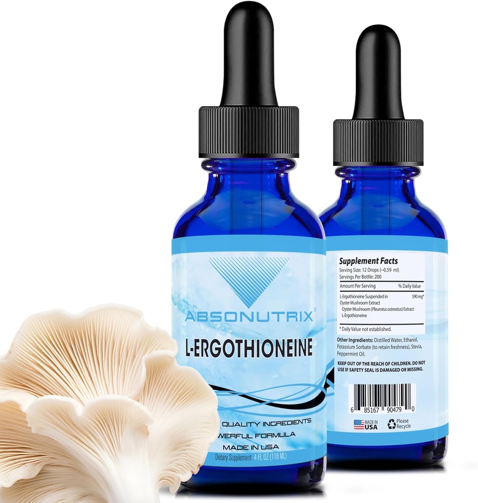 Absonutrix L-Ergothioneine Liquid Supplement 590 mg, 200 portions, Fabriqué aux États-Unis, Absorption rapide, Ingrédients de Potent, Non-OGM, Installations certifiées BPF, Produits sans cruauté