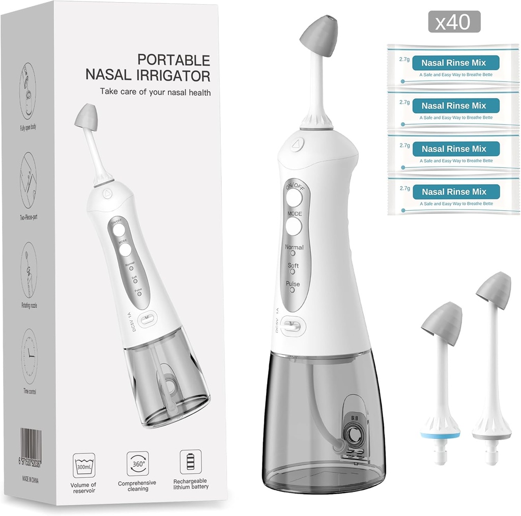 luckin glimlach Nasal Irrigation System, Nasal Rinse Machine voor Sinus Relief, 3 druk Sinus Rinse IPX7 Waterdichte Automatische Neti Pot met 40 Saline Packets, 300ML Grote Tank voor reizen en thuis
